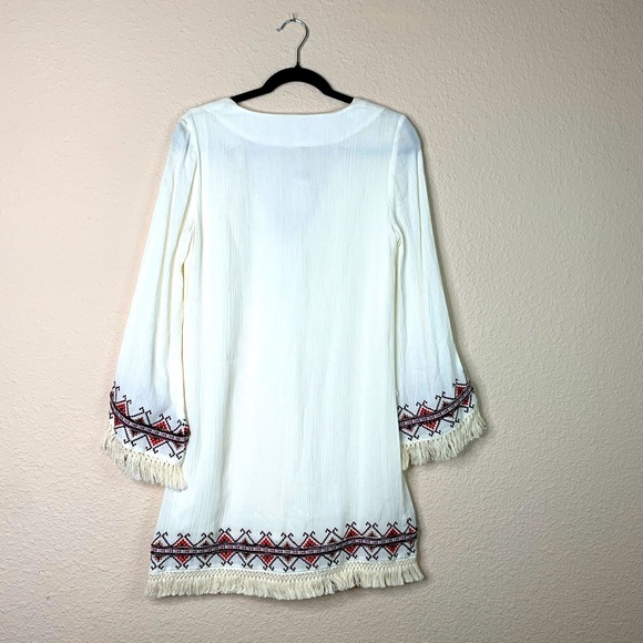 Miss Me Tunic Top Crepe Tassel Tie Strings Embroidered Peasant BOHO Macrame Sz S - Picture 2 of 16